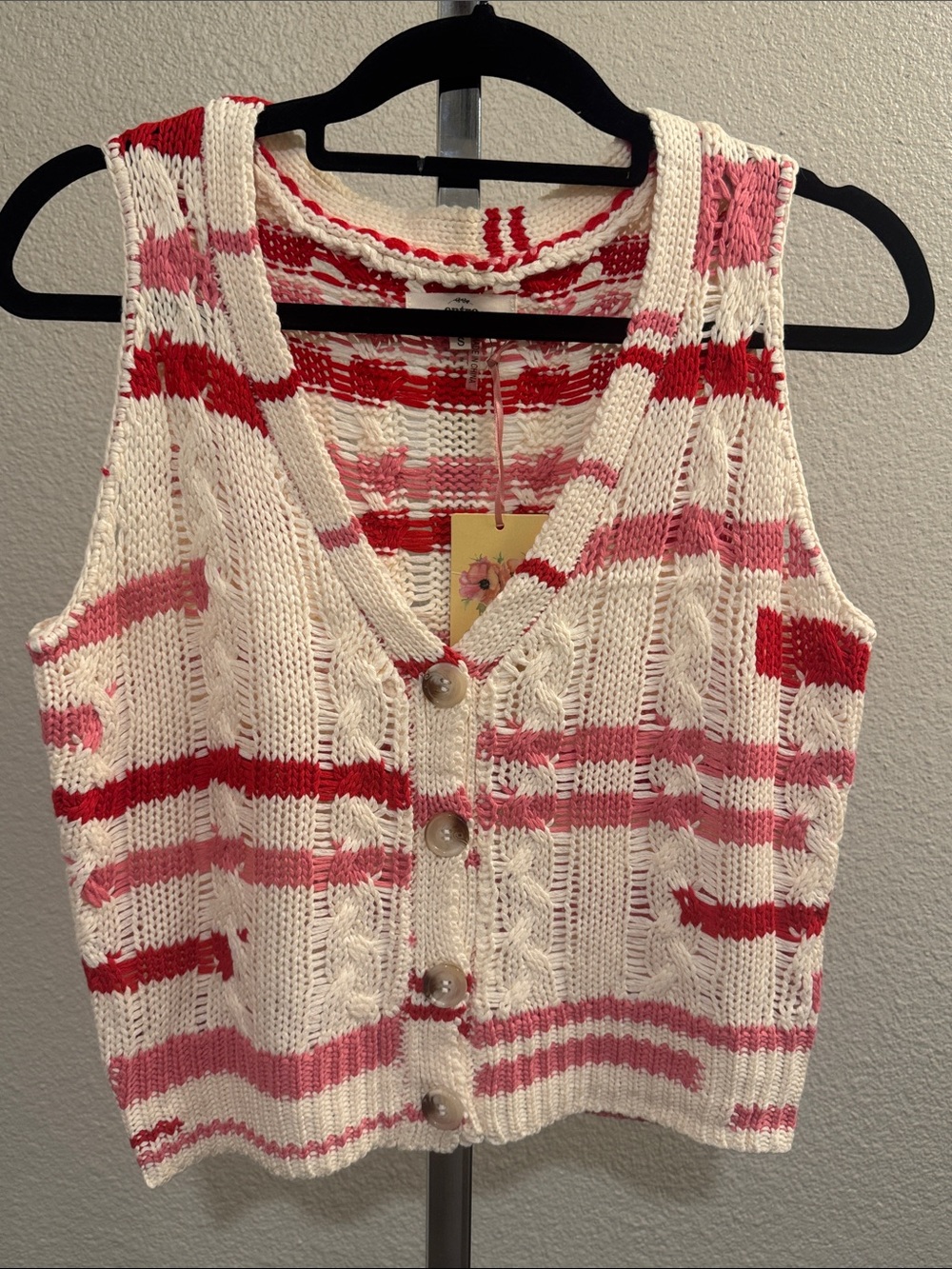 entro Cream Knit Vest with Red and Pink Stripes